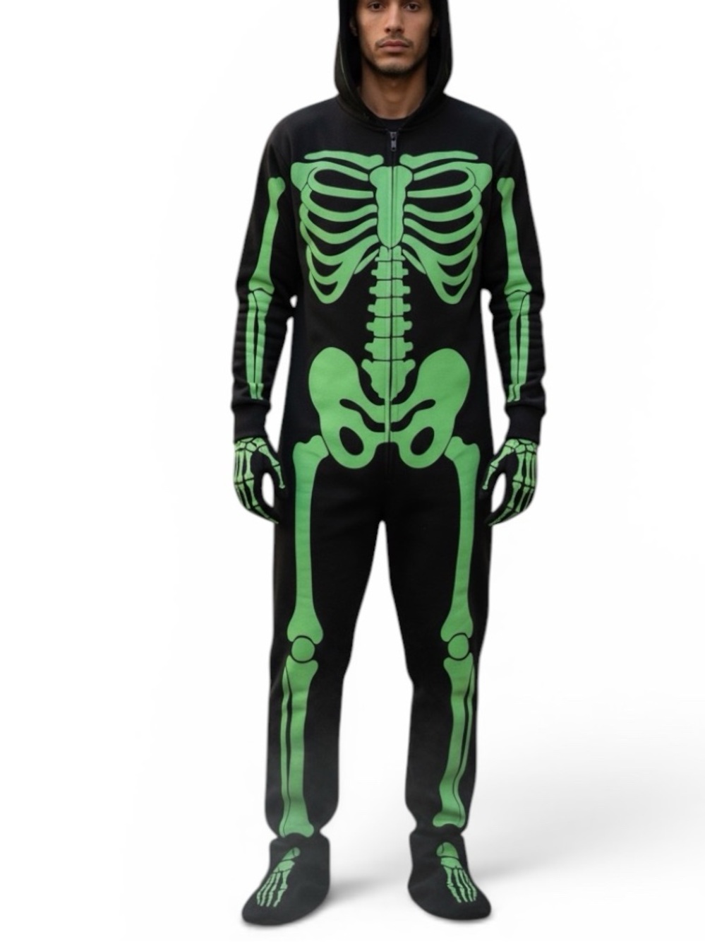 New Spooktacular Skeleton Glow In Dark Zip Up Hooded Jumpsuit Adult SM